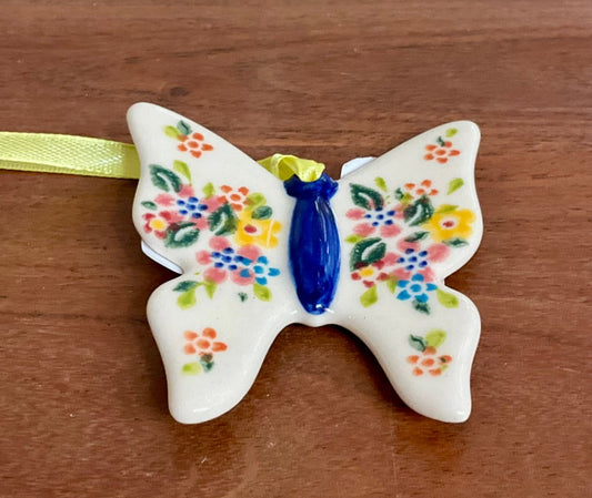 Vena Polish Pottery, Yellow and Pink Fields Butterfly Ornament