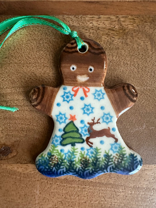 Galia Polish Pottery Reindeer Gingerbread Lady, Two-Sided Ornament
