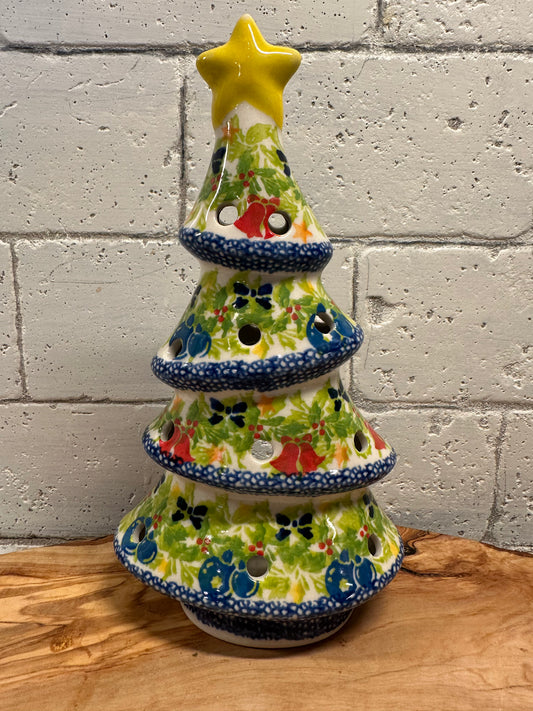 Kalich Polish Pottery, Art Level,  8" Christmas Tree Luminary with Star, Bells & Ornaments