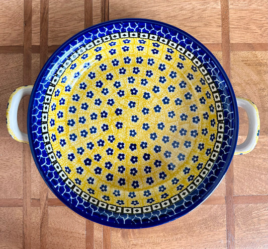 Preowned- Ceramika Artystyczna Yellow and Blue Round Baker with Handles