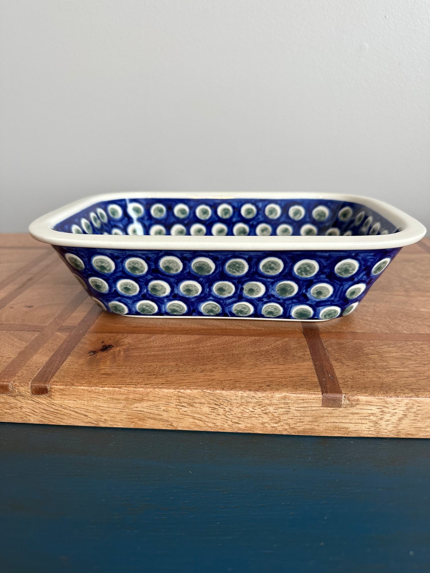 Preowned- Zaklady Polish Pottery Green Dots Rectangular Baker