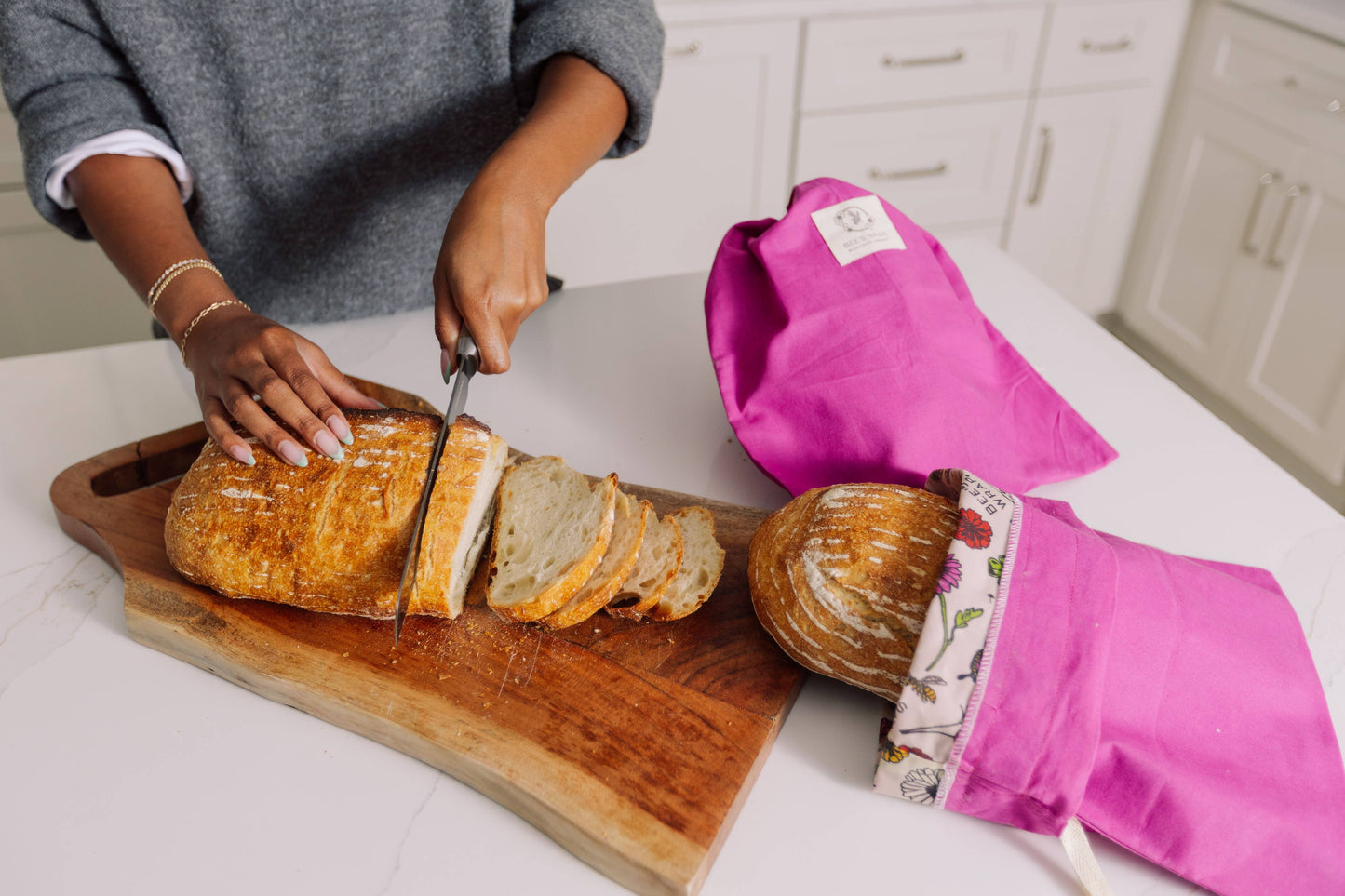 Bee's Wrap, Artisan Bread Bag - Magenta, Meadow Magic, Lined Bees Wrap